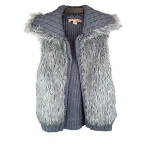 NINE WEST Vintage American Jeans Faux Fur Sweater Vest Sz L Gray Boho Wool Blend